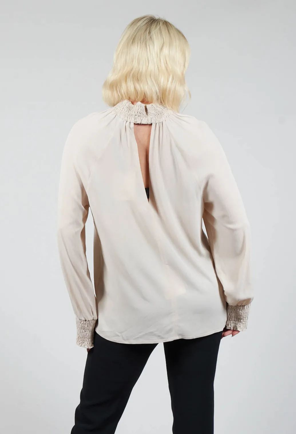 Ruffled Silk Blend Blouse in Sand