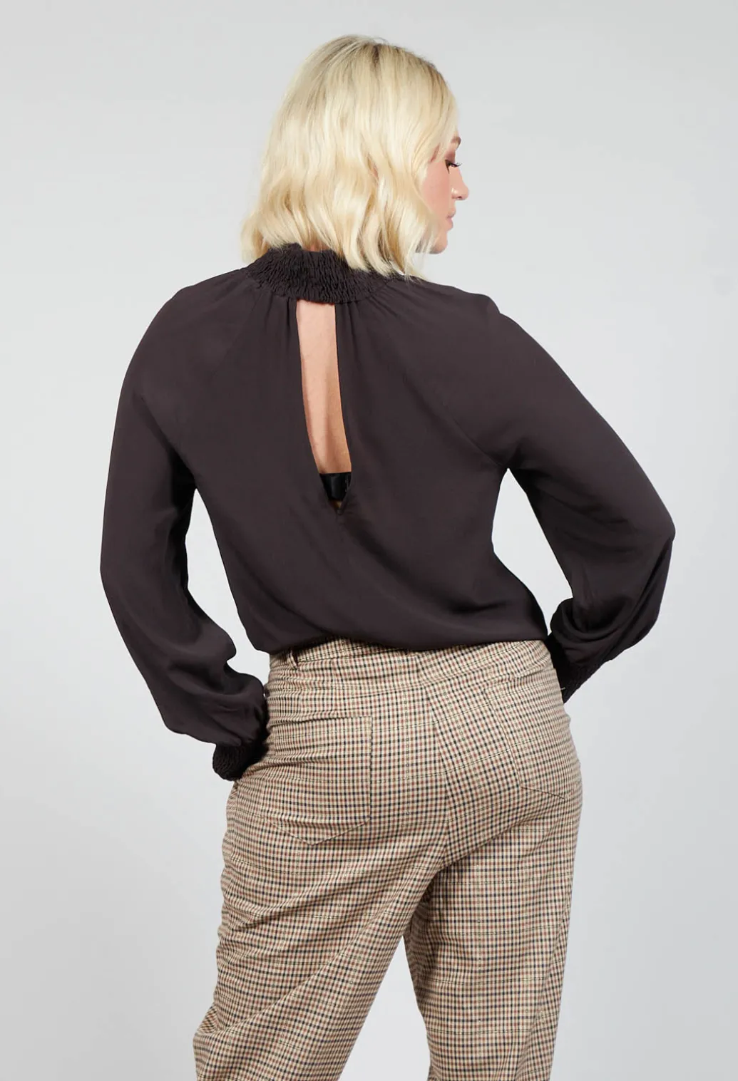 Ruffled Silk Blend Blouse in Espresso Brown
