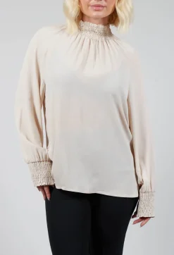 Ruffled Silk Blend Blouse in Sand
