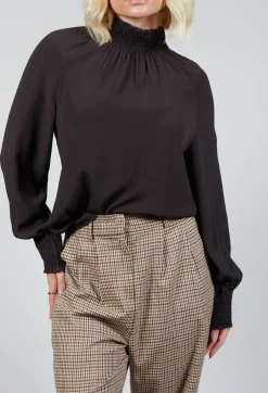Ruffled Silk Blend Blouse in Espresso Brown