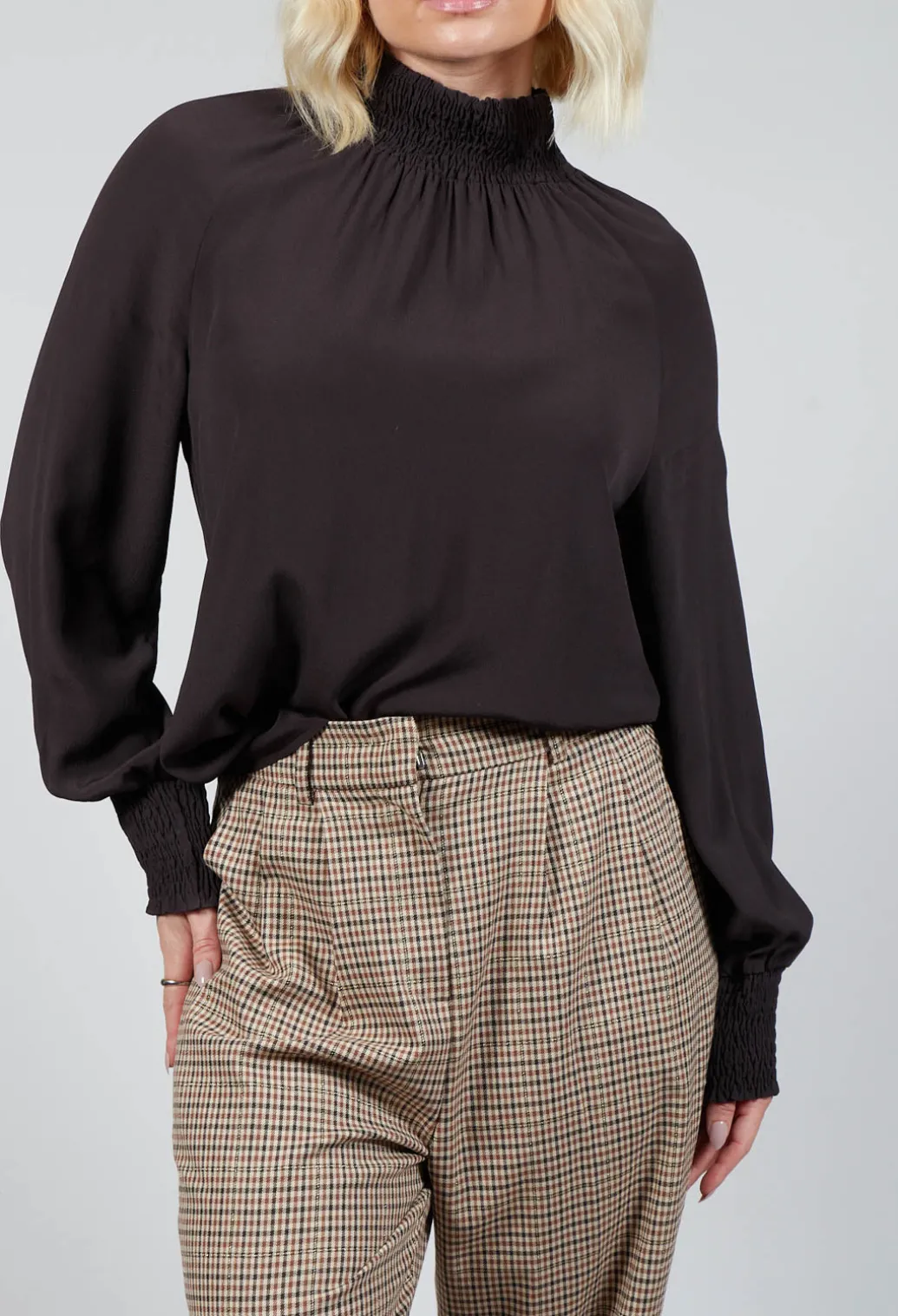 Ruffled Silk Blend Blouse in Espresso Brown