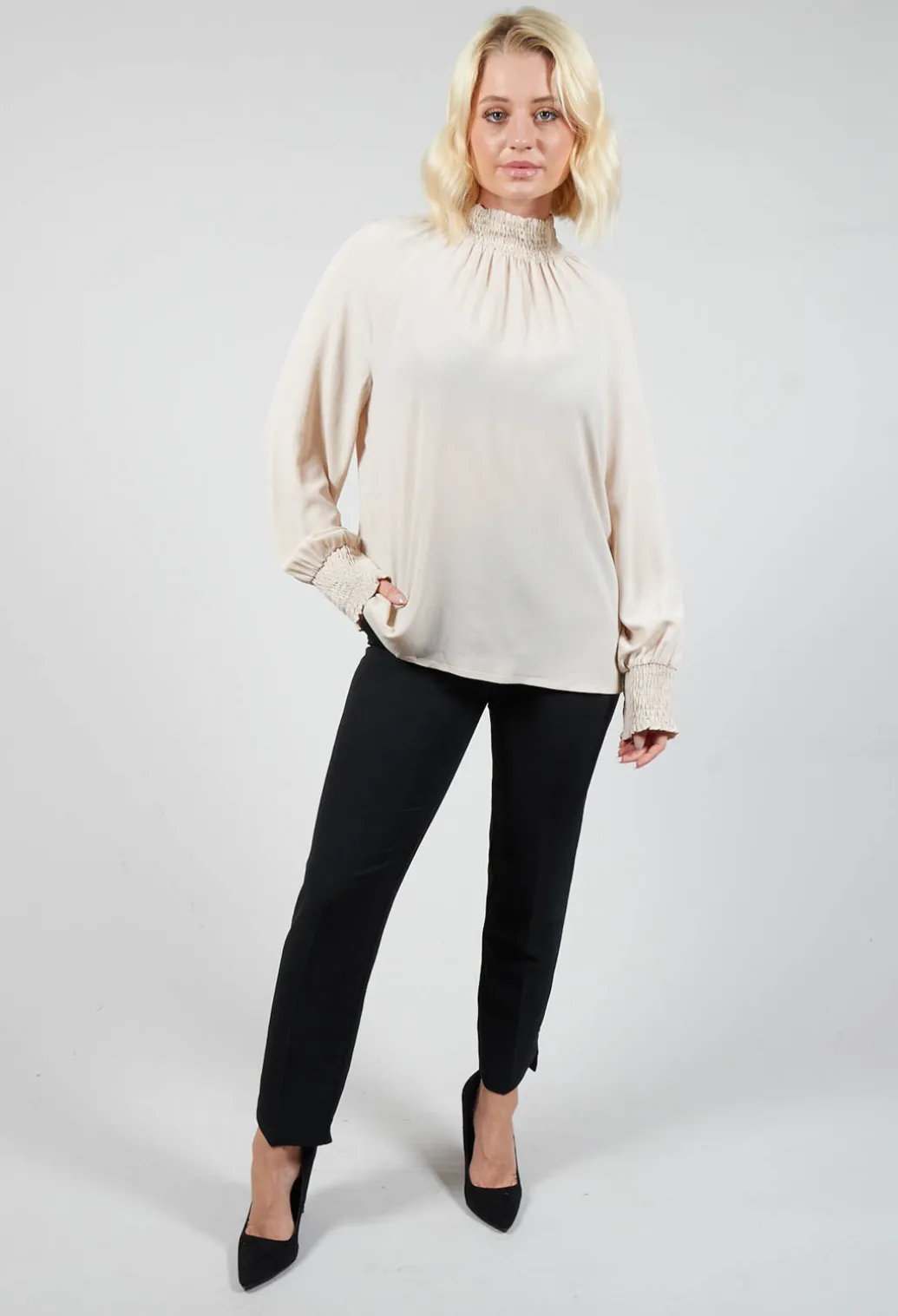 Ruffled Silk Blend Blouse in Sand