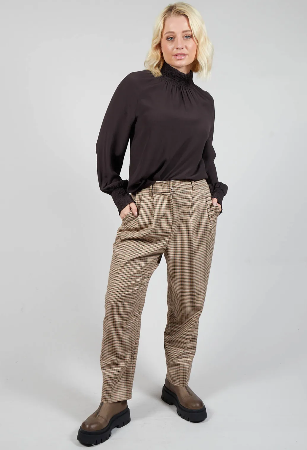 Ruffled Silk Blend Blouse in Espresso Brown