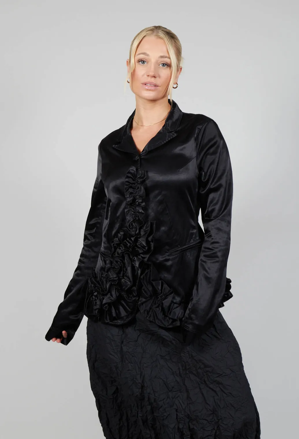 Satin Jacket with Ruffle Detail in Black