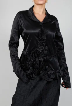 Satin Jacket with Ruffle Detail in Black