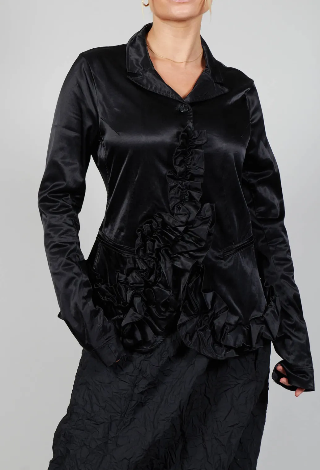 Satin Jacket with Ruffle Detail in Black