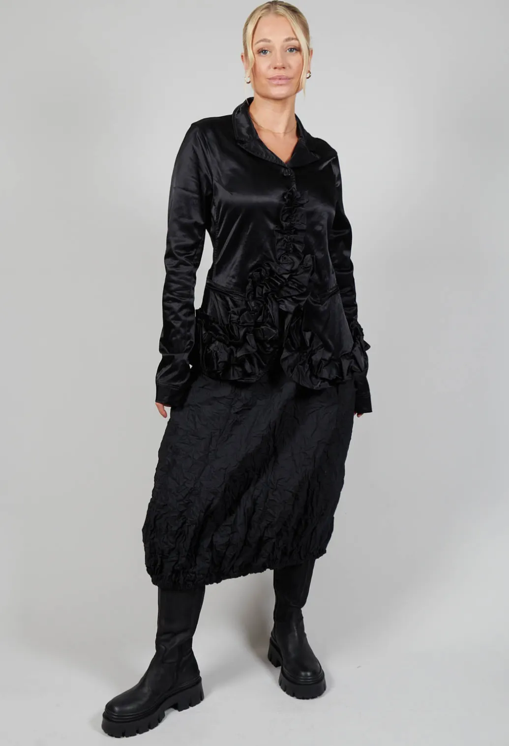 Satin Jacket with Ruffle Detail in Black
