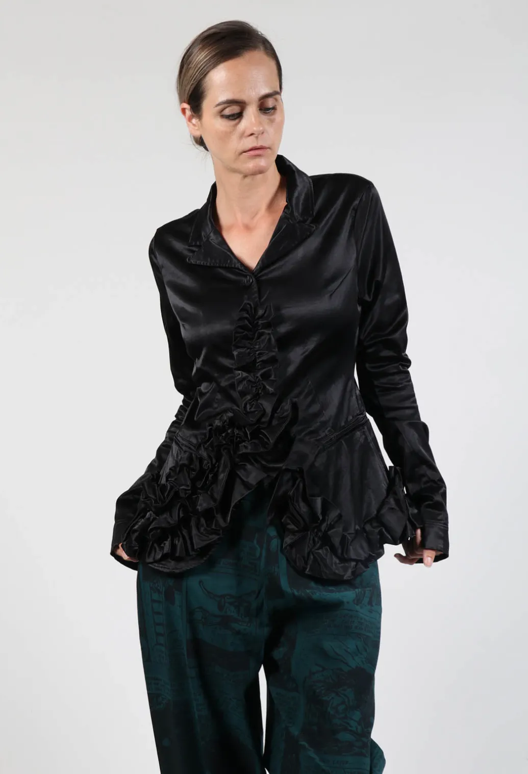 Satin Jacket with Ruffle Detail in Black