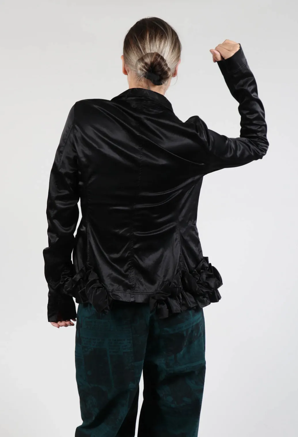 Satin Jacket with Ruffle Detail in Black