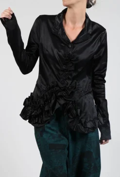 Satin Jacket with Ruffle Detail in Black