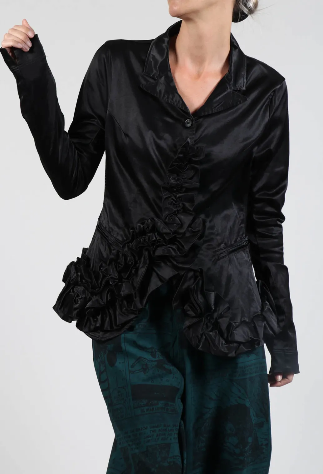 Satin Jacket with Ruffle Detail in Black