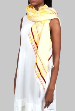 Semi Sheer Yellow Scarf with Floral Print Pannels