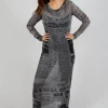 Sheer Cowl Neckline Dress in Pencil Print Cloud