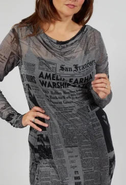 Sheer Cowl Neckline Dress in Pencil Print Cloud