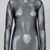 Sheer Jersey Top with Long Sleeves in Navy