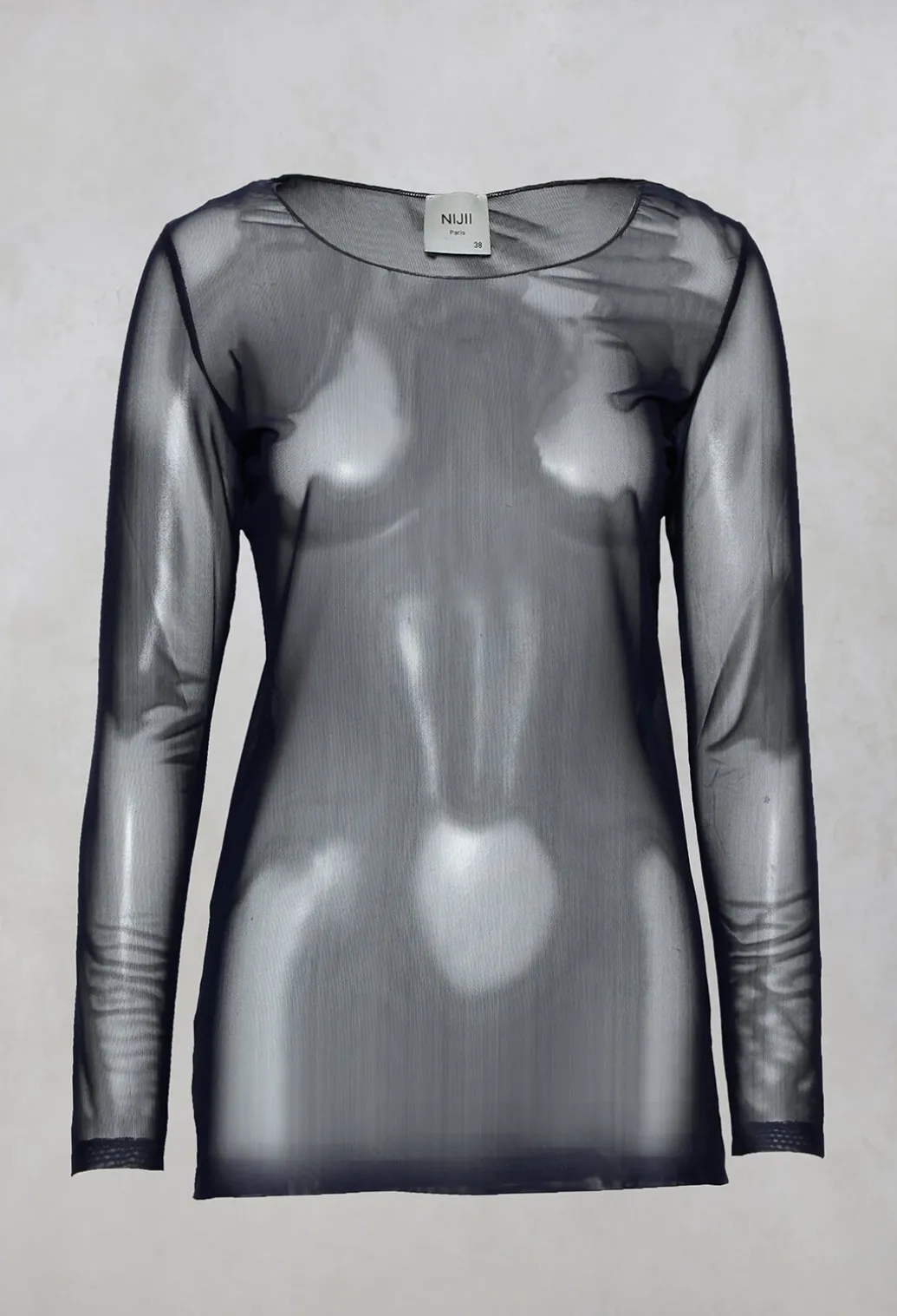 Sheer Jersey Top with Long Sleeves in Navy
