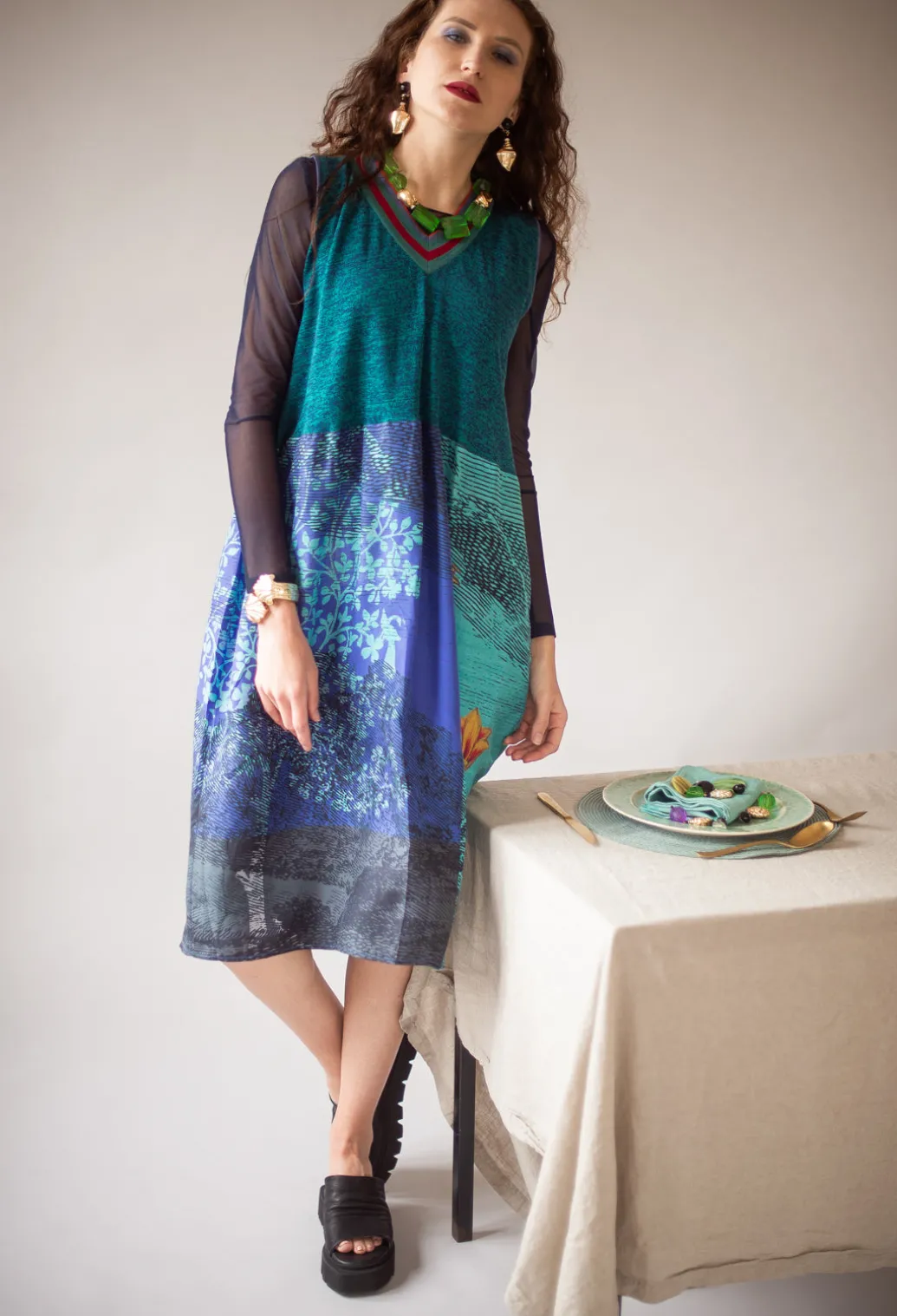 Sheer Jersey Top with Long Sleeves in Navy