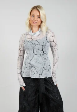 Sheer Long Sleeve Top in White Print