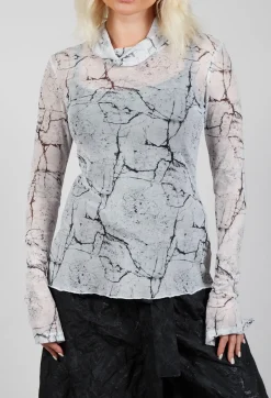 Sheer Long Sleeve Top in White Print