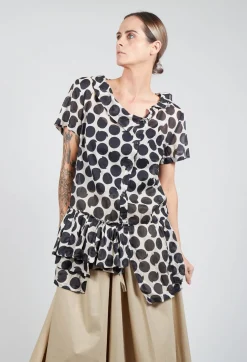 Sheer Peplum Shirt with Button Front in Pois