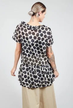 Sheer Peplum Shirt with Button Front in Pois