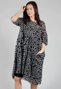Sheer Pocket Detail Dress in White with Black Pois