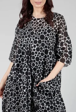 Sheer Pocket Detail Dress in White with Black Pois