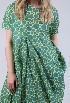Sheer Pocket Detail Dress in Lime with Green Pois