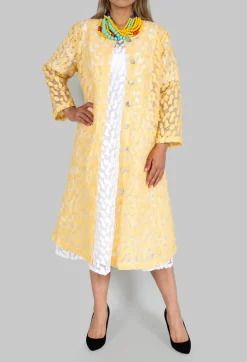 Sheer Printed Midi Coat with Button Front in Sorbet