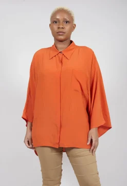 Sheer Silk Shirt with Pocket in Orange