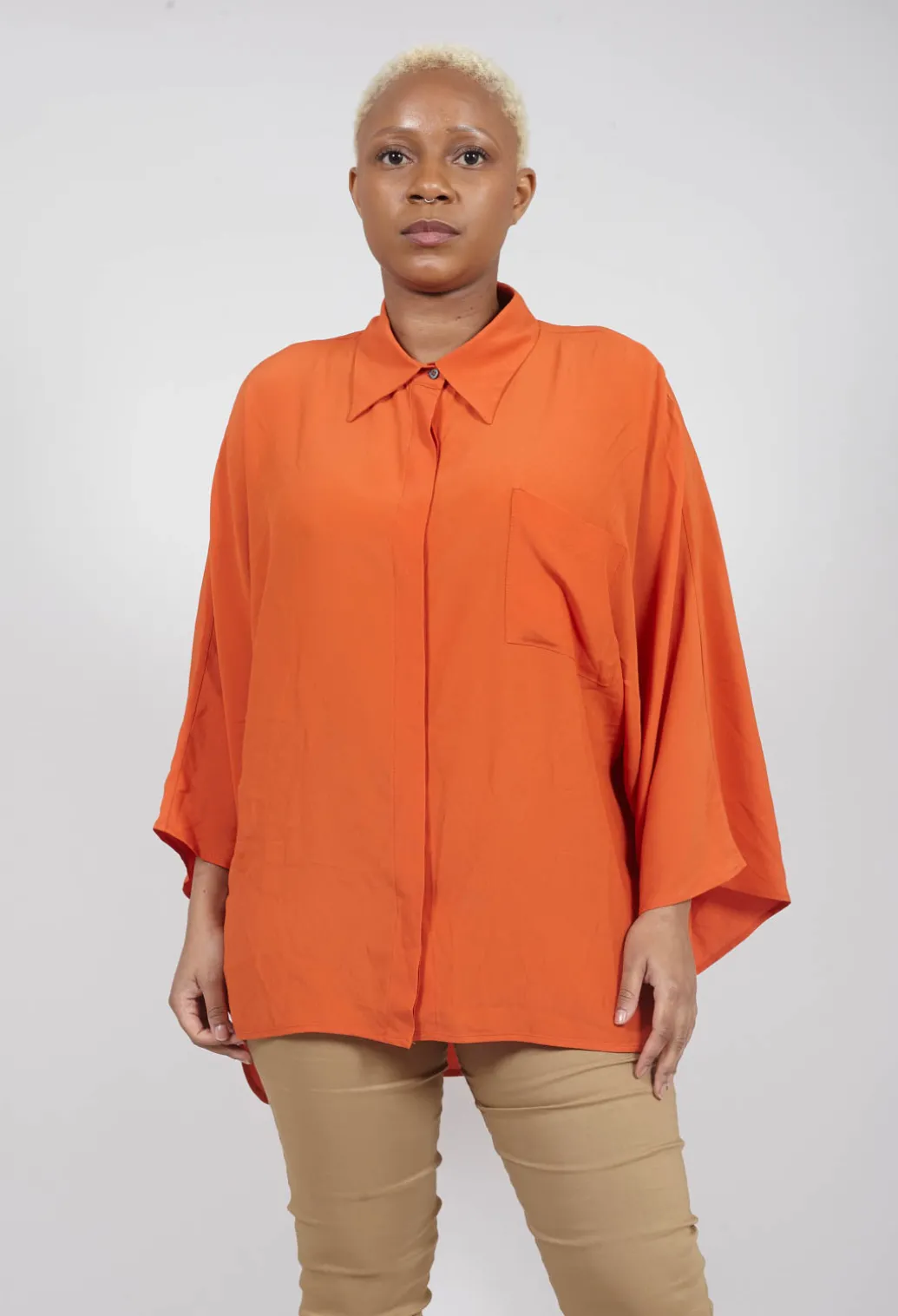 Sheer Silk Shirt with Pocket in Orange