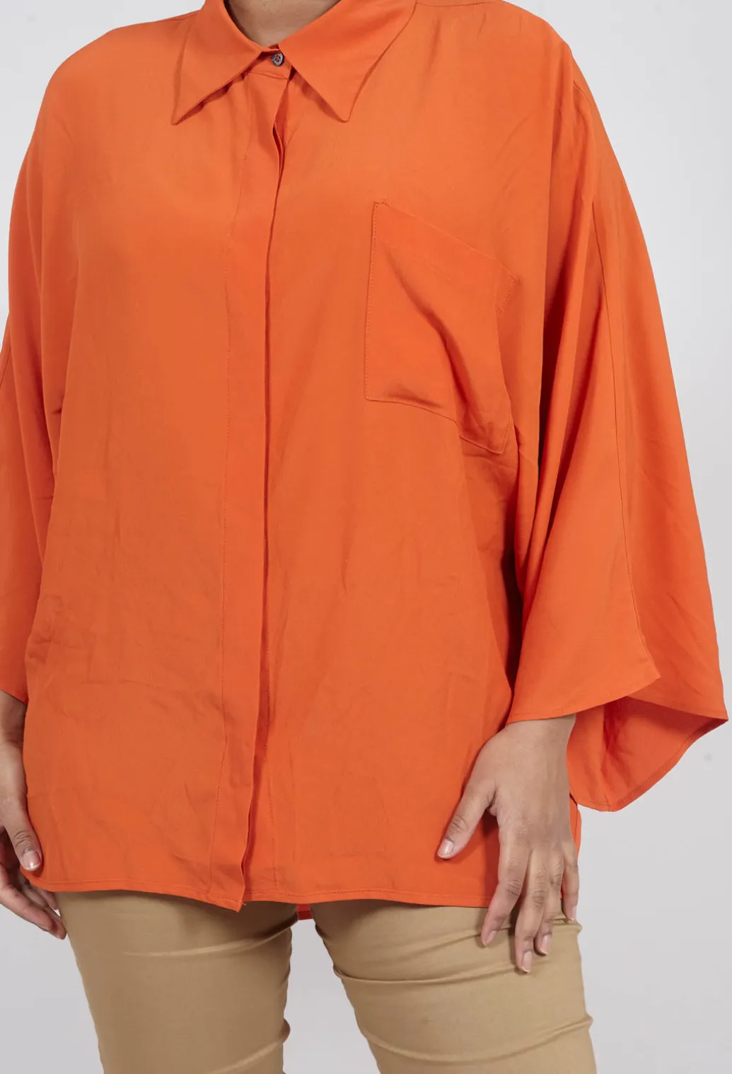 Sheer Silk Shirt with Pocket in Orange