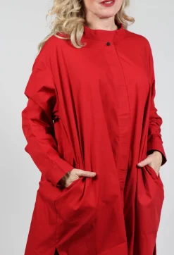 Shirt Dress with Stand Collar in Red