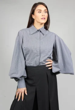 Shirt with Flared Puff Sleeves in Black Check