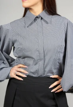 Shirt with Flared Puff Sleeves in Black Check