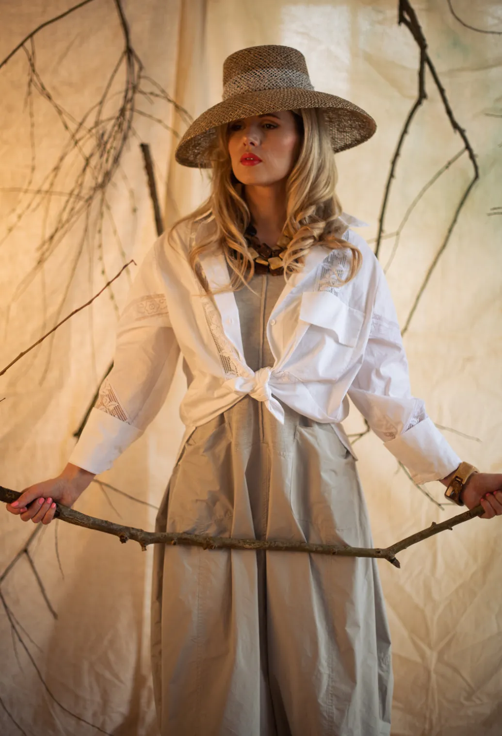 Shirt with Lace Inserts in White