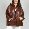 Short A Line Jacket with Hood in Glossy Mahony