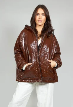 Short A Line Jacket with Hood in Glossy Mahony