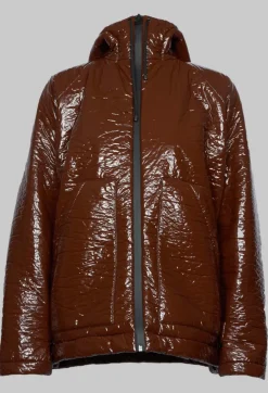 Short A Line Jacket with Hood in Glossy Mahony