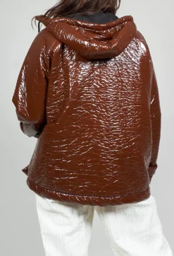 Short A Line Jacket with Hood in Glossy Mahony