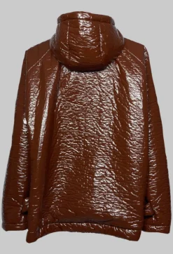 Short A Line Jacket with Hood in Glossy Mahony