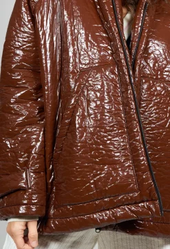 Short A Line Jacket with Hood in Glossy Mahony