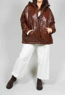 Short A Line Jacket with Hood in Glossy Mahony