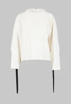 Short Blouse with Ribbon Tie Neck in Ivory