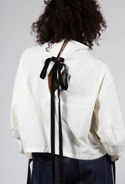 Short Blouse with Ribbon Tie Neck in Ivory