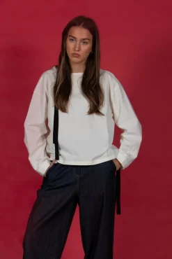 Short Blouse with Ribbon Tie Neck in Ivory