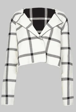 Short Cardigan with Check Design in White
