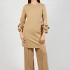 Short Shift Dress with Embellished Sleeves in Camel