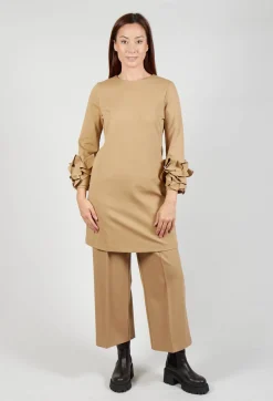 Short Shift Dress with Embellished Sleeves in Camel
