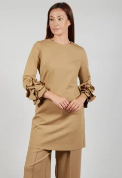 Short Shift Dress with Embellished Sleeves in Camel
